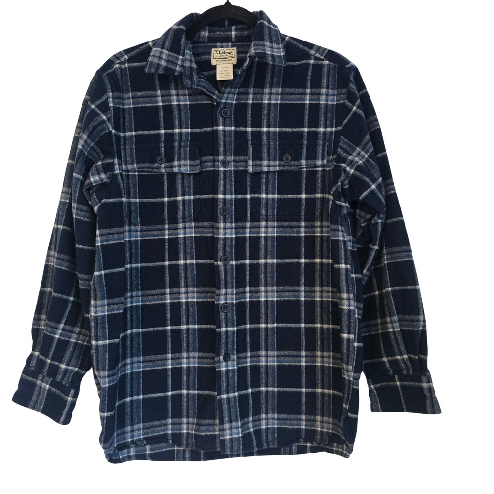 LL Bean Traditional Fit Flannel Shirt Navy Blue Plaid Men's Small Regular